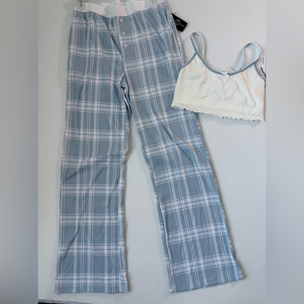 Women's Blue Plaid Sleep Pants & Cream Bralette Set